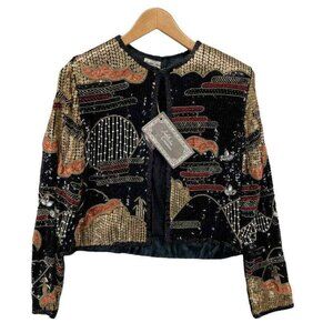 Vintage Judith Ann Creations Jacket Womens Medium Black Silk Beaded Sequined NEW
